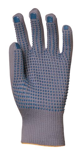 Kötött szüke vágás- és kopásálló nylon kesztyű két oldalán kék pöttyökkel 9-es méret