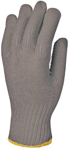 Kötött szüke vágás- és kopásálló nylon kesztyű két oldalán kék pöttyökkel 9-es méret