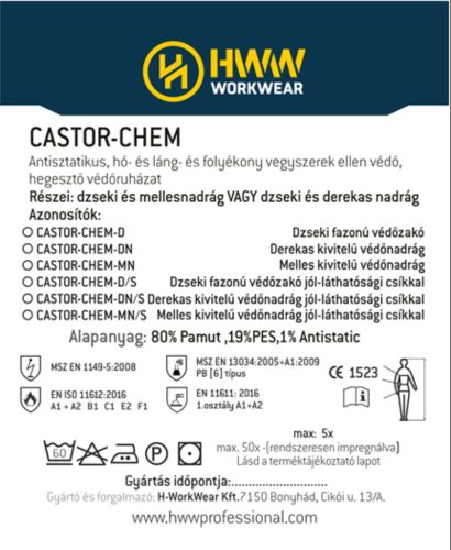 CASTOR-CHEM CC-MN/S-C melles kivitelű védőnadrág jól-láthatósági csíkozással