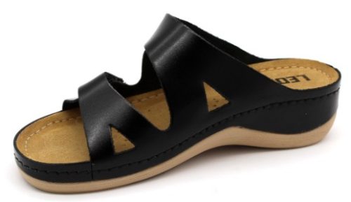 L906 LEON Comfort nyitott bőr papucs - fekete