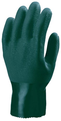 Zöld színű vegyszerálló mártott polimer kesztyű 27 cm hosszú