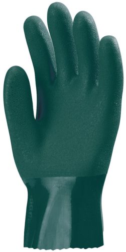 Zöld színű vegyszerálló mártott polimer kesztyű 27 cm hosszú