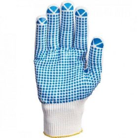   Kesztyű kék pettyes, vékony, poliamid/pamut, 14-es kötés